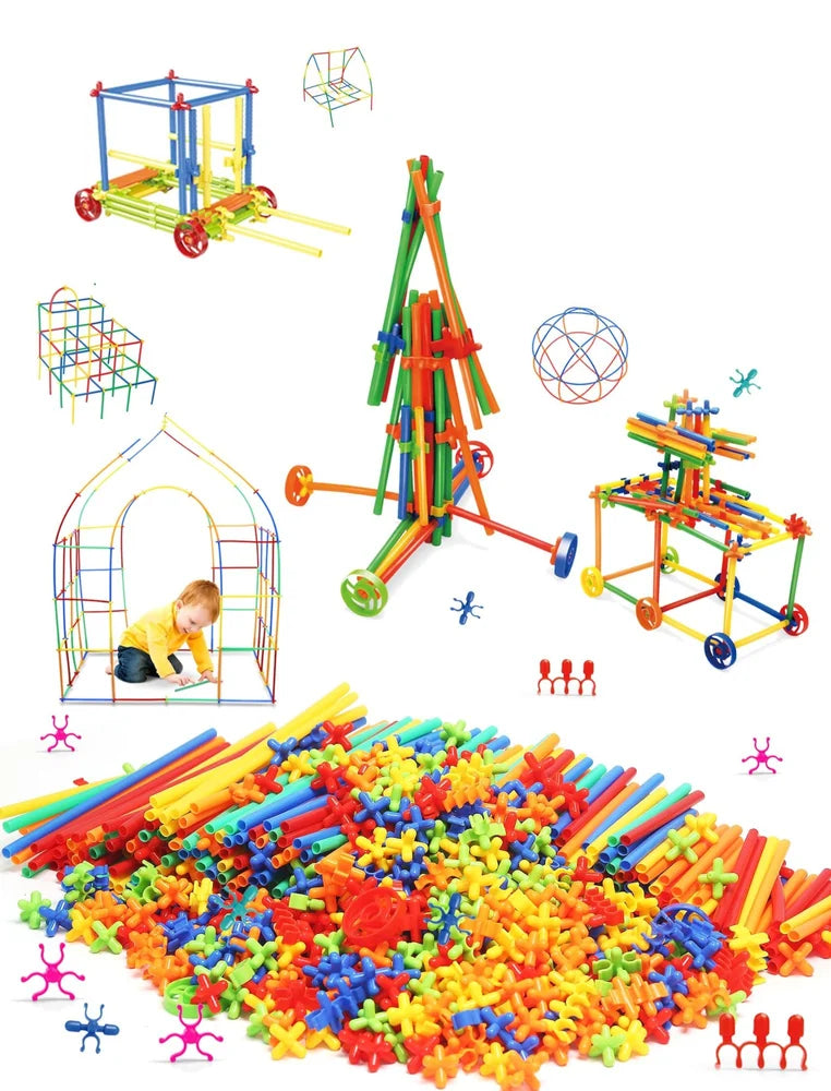 Creative Straw Builder Toy Set for Kids | DIY Engineering Construction Toy Kit with Connectors &amp; Wheels